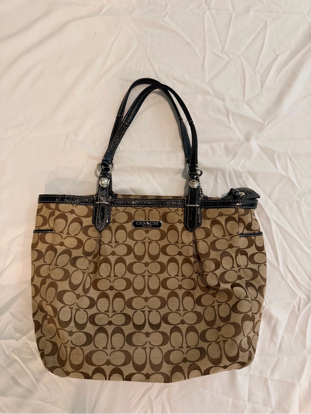 Coach F13566 Signature Jacquard Tote Bag Brown Black Leather Shoulder Purse